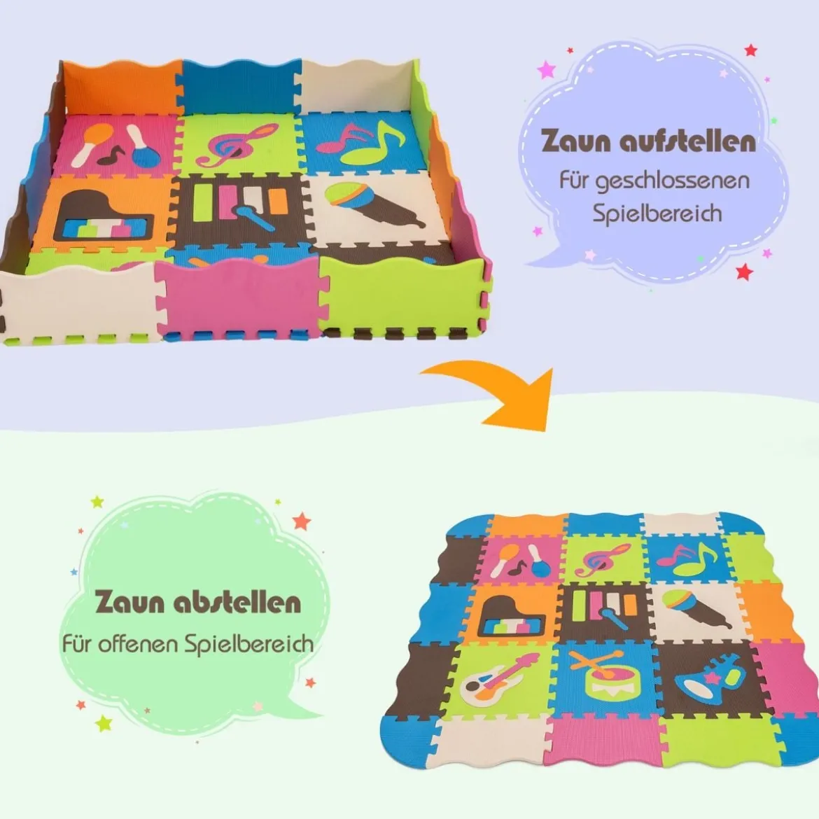 Puzzlematte 50 Stück mit Zaun Bodenspielmatte Kinderteppich für Baby 31,5 x 31,5 x 1 cm Bunt