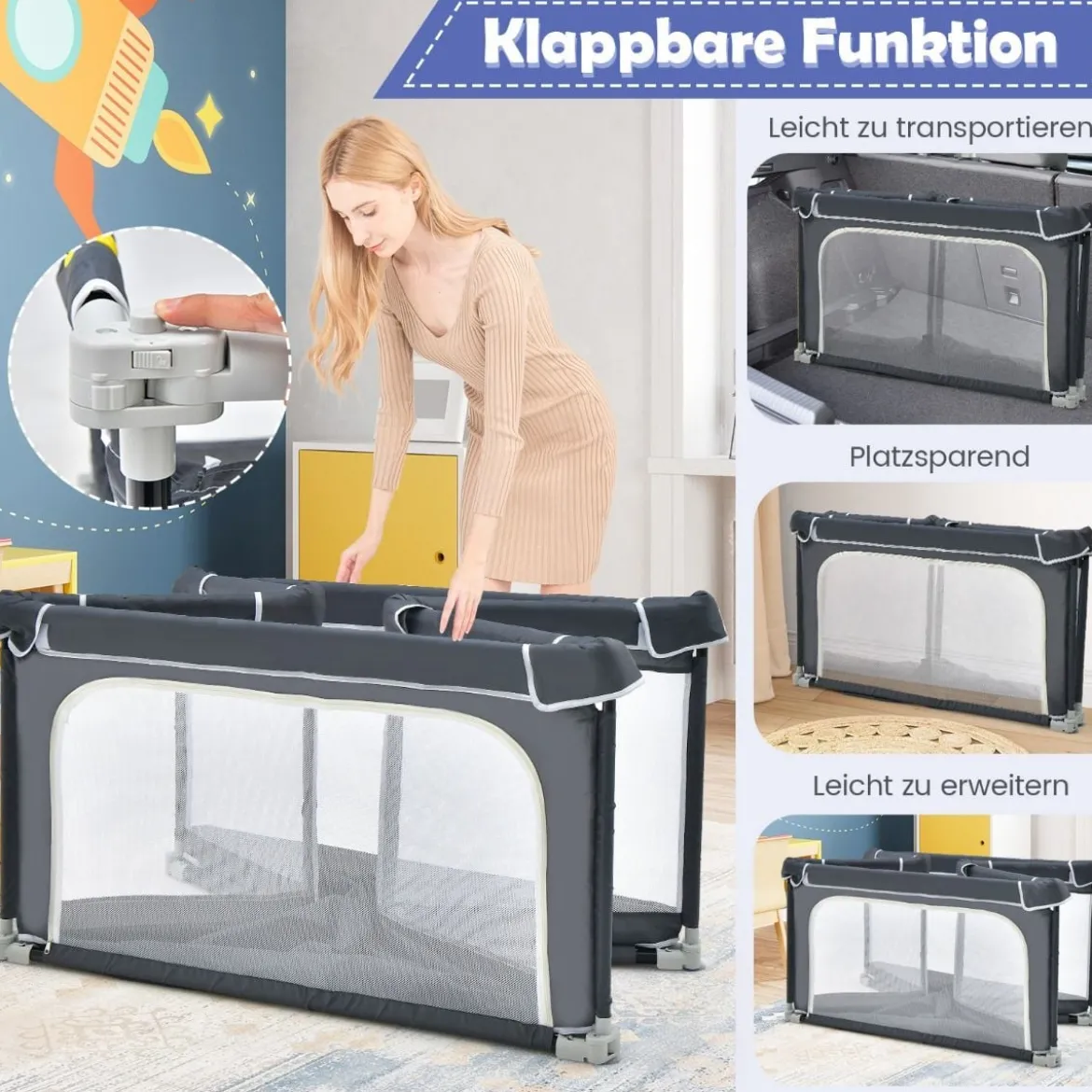 Quadratischer Baby-Laufstall 124 x 124 cm Großer Spielzaun Dunkelgrau