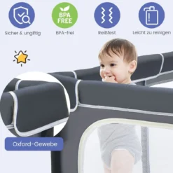 Quadratischer Baby-Laufstall 124 x 124 cm Großer Spielzaun Dunkelgrau