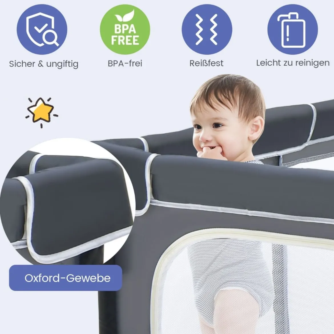 Quadratischer Baby-Laufstall 124 x 124 cm Großer Spielzaun Dunkelgrau