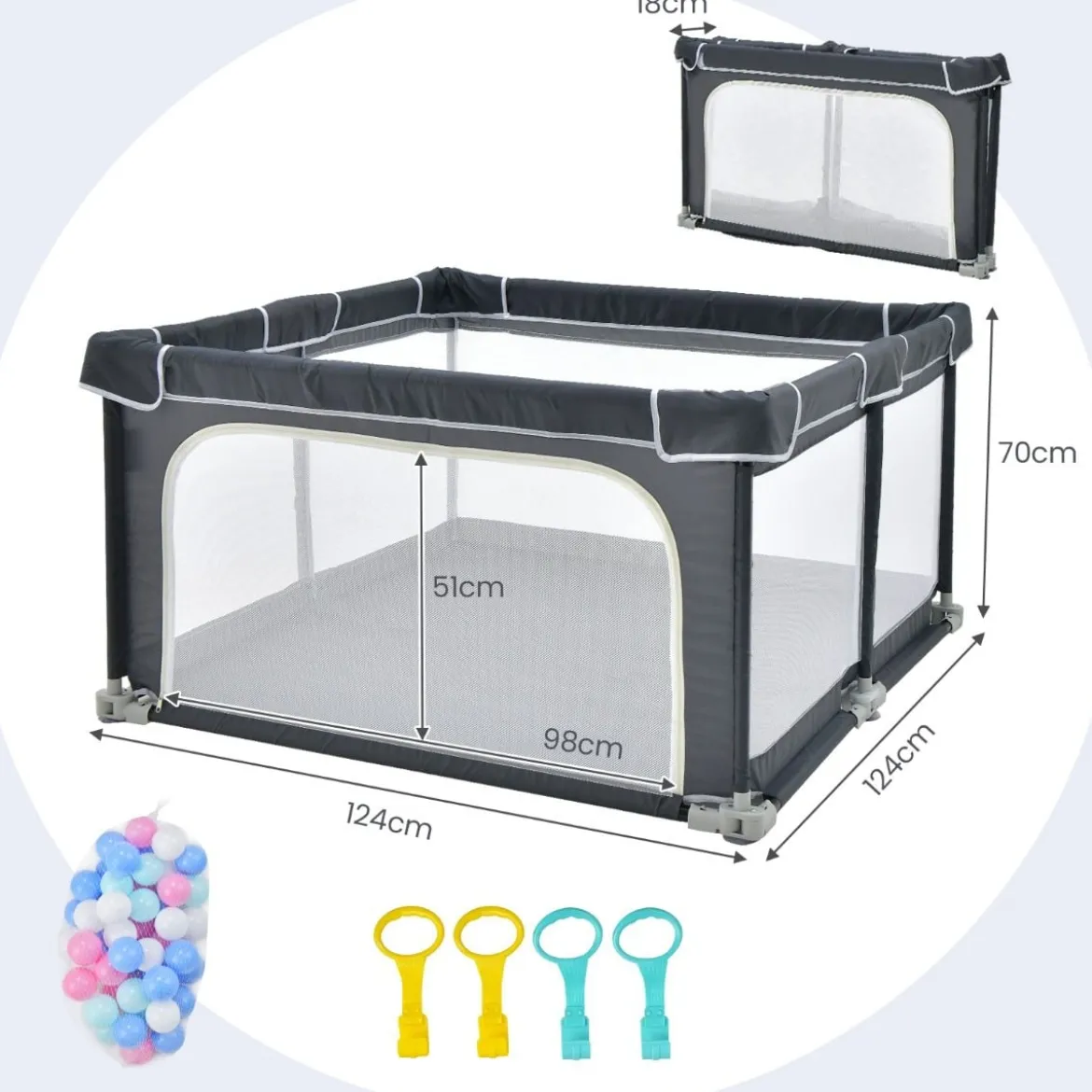 Quadratischer Baby-Laufstall 124 x 124 cm Großer Spielzaun Dunkelgrau