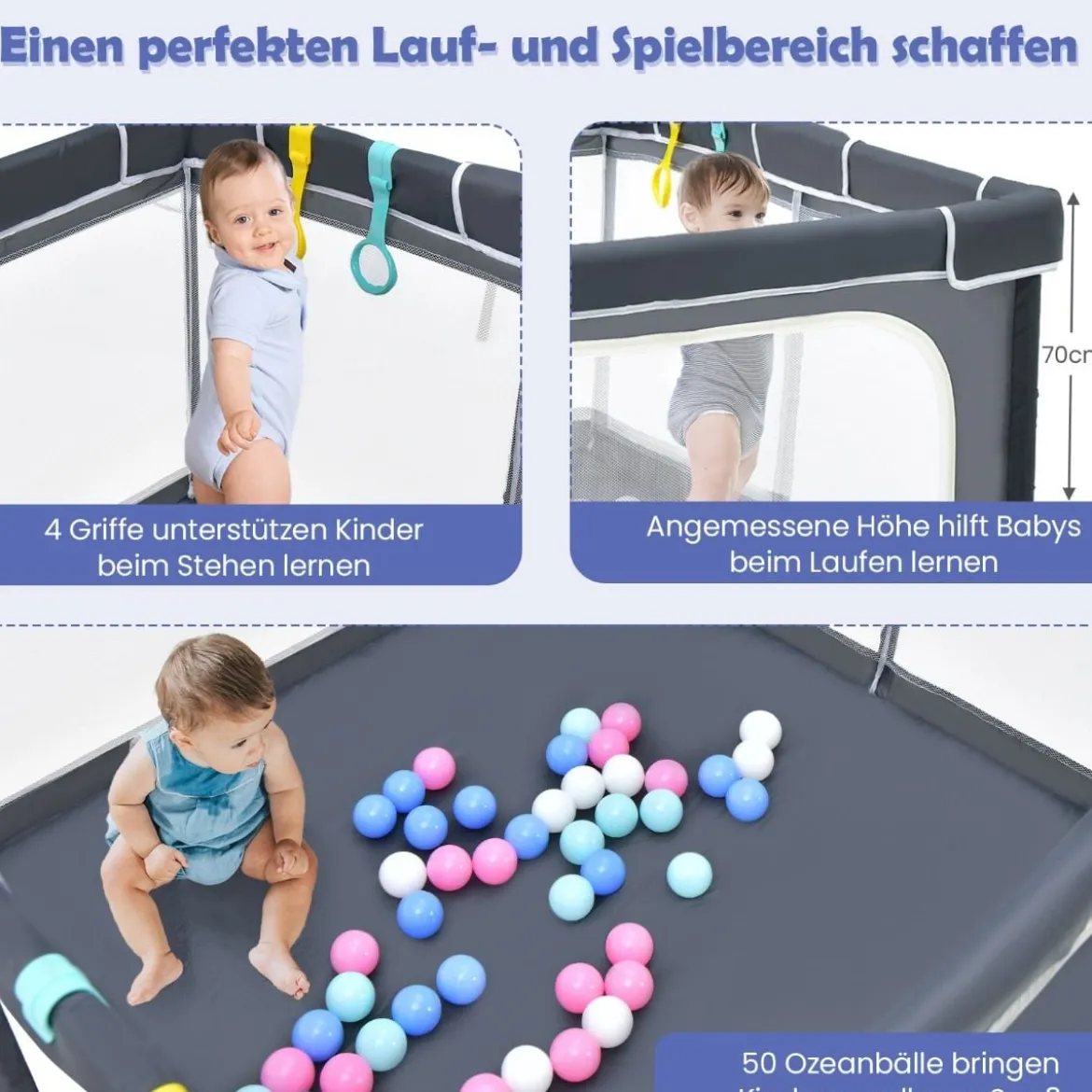 Quadratischer Baby-Laufstall 124 x 124 cm Großer Spielzaun Dunkelgrau