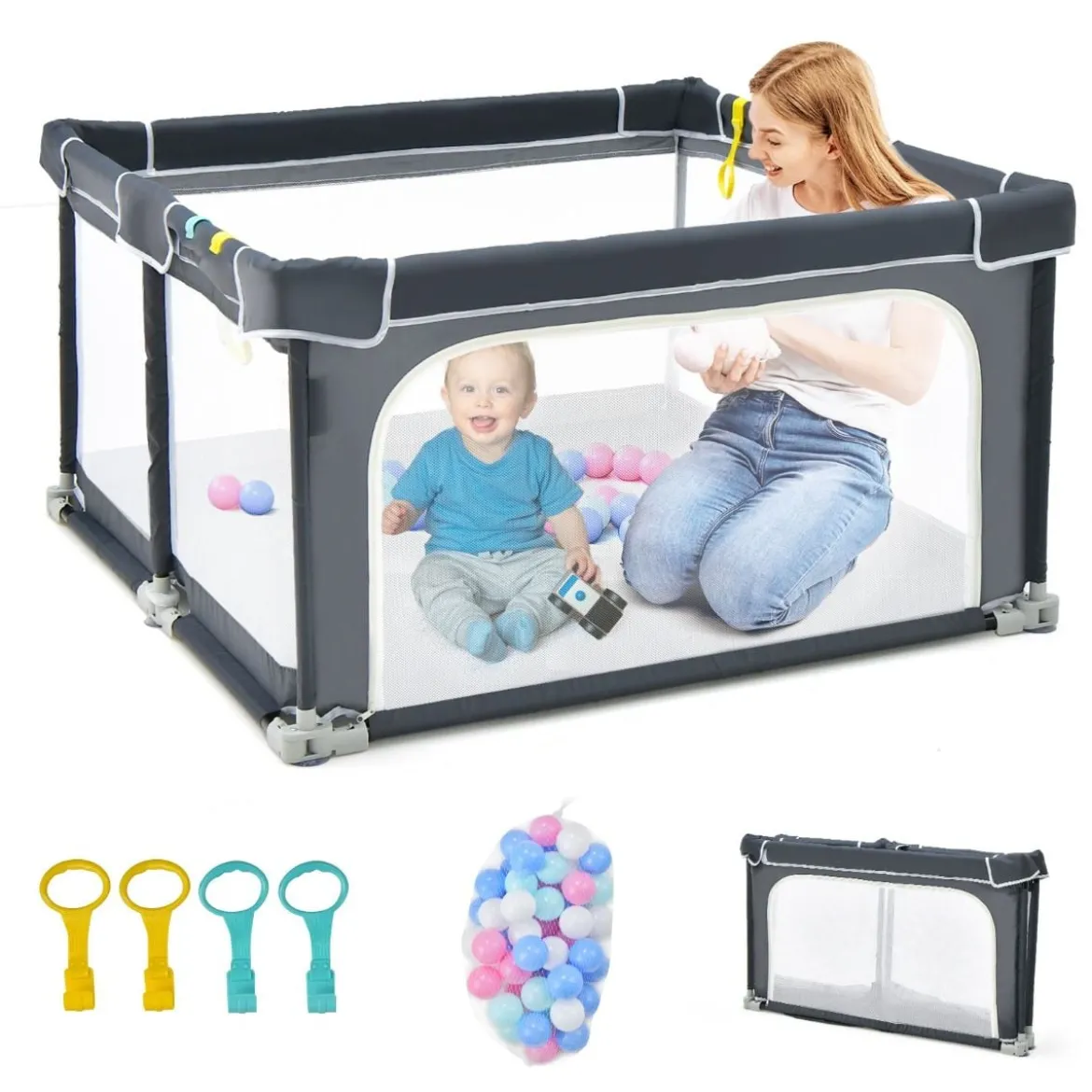 Quadratischer Baby-Laufstall 124 x 124 cm Großer Spielzaun Dunkelgrau