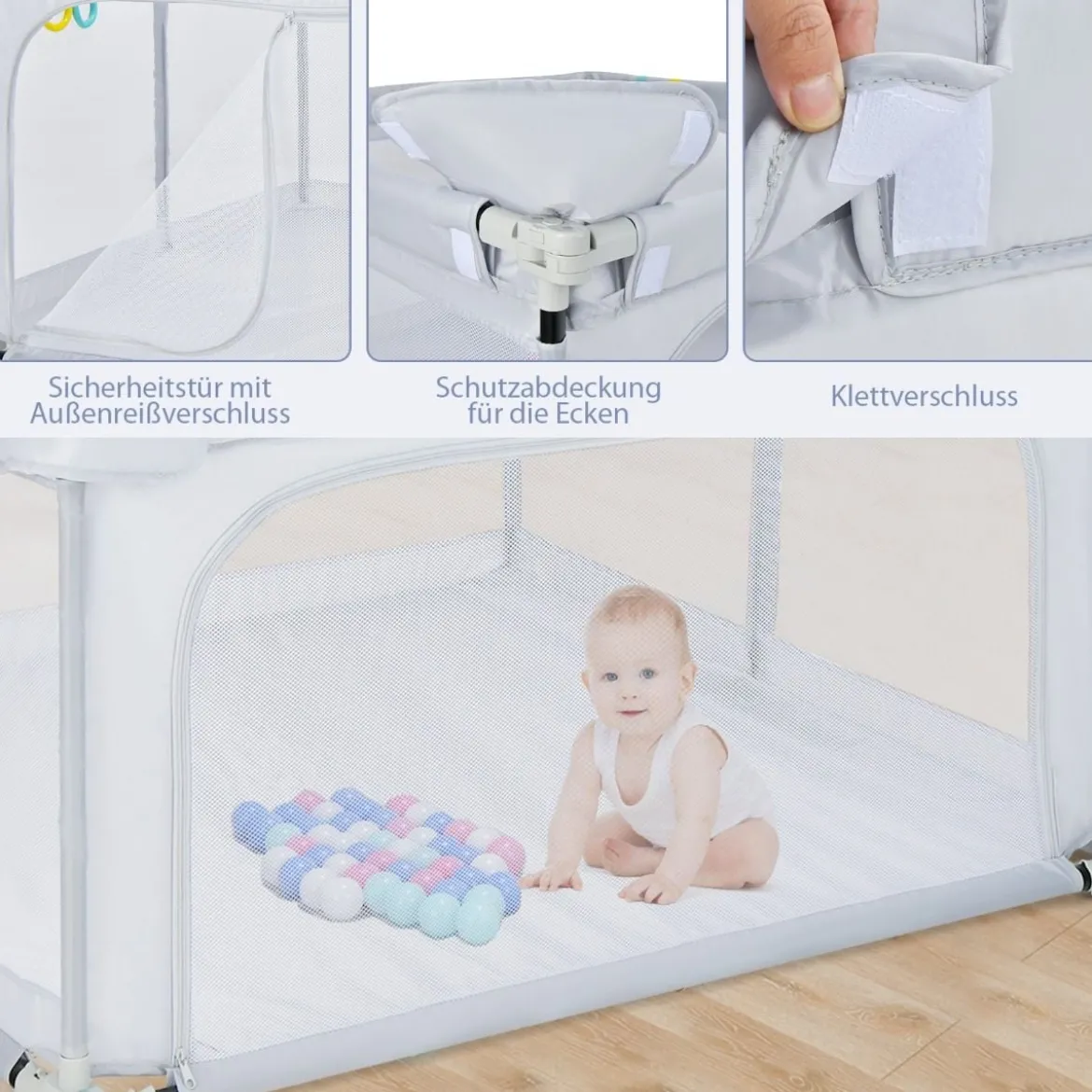 Quadratischer Baby-Laufstall 124 x 124 cm Großer Spielzaun Hellgrau