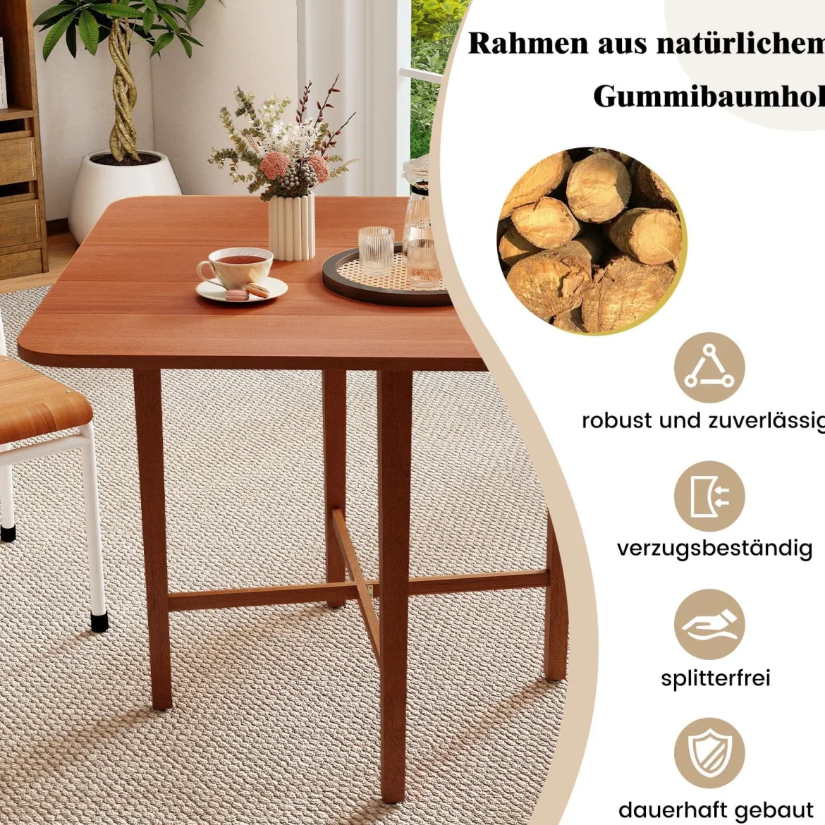 Quadratischer Holzesstisch für 2-4 Personen mit 2 Klappbaren Tischplatten Klappbarer Esstisch Braun