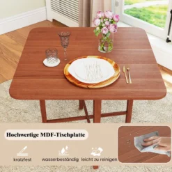 Quadratischer Holzesstisch für 2-4 Personen mit 2 Klappbaren Tischplatten Klappbarer Esstisch Braun