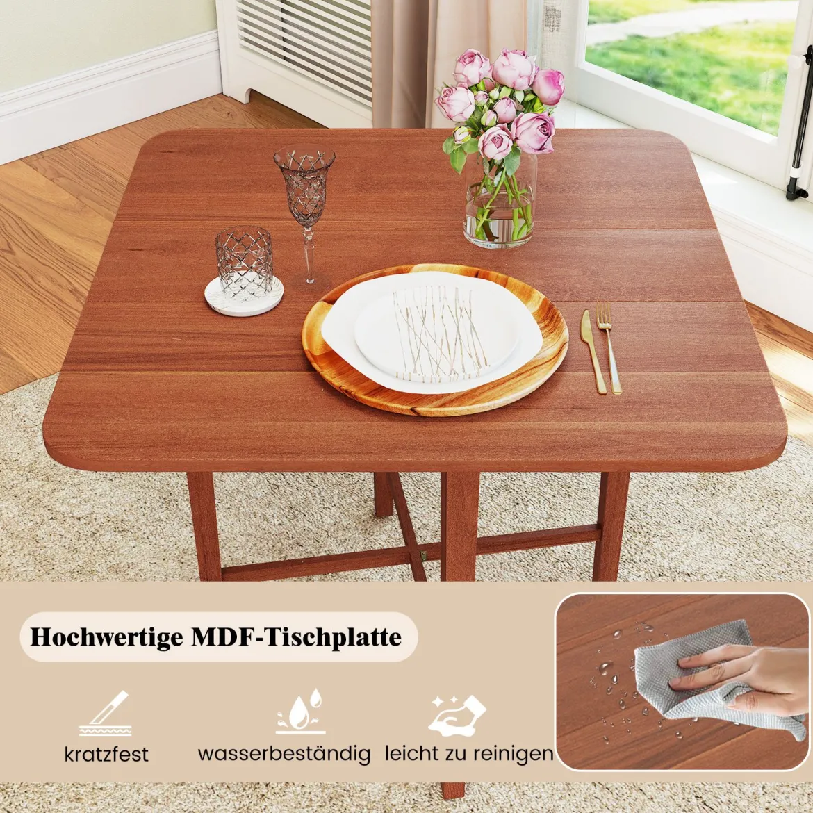 Quadratischer Holzesstisch für 2-4 Personen mit 2 Klappbaren Tischplatten Klappbarer Esstisch Braun