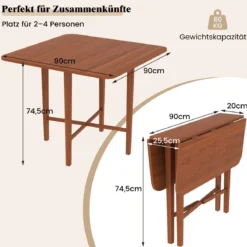 Quadratischer Holzesstisch für 2-4 Personen mit 2 Klappbaren Tischplatten Klappbarer Esstisch Braun
