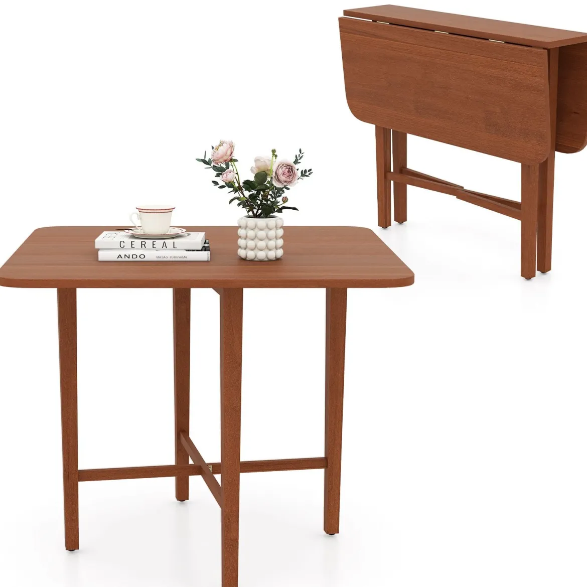 Quadratischer Holzesstisch für 2-4 Personen mit 2 Klappbaren Tischplatten Klappbarer Esstisch Braun