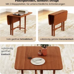 Quadratischer Holzesstisch für 2-4 Personen mit 2 Klappbaren Tischplatten Klappbarer Esstisch Braun