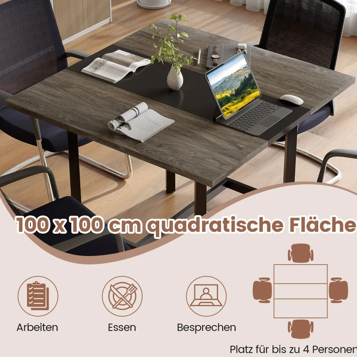 Quadratischer Konferenztisch mit Metallrahmen Besprechungstisch Seminartisch Grau