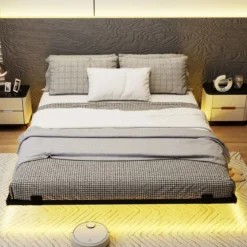 Queen Size Schwebebettgestell mit LED-Leuchten modernes Bettgestell aus Metall 160 x 200 cm