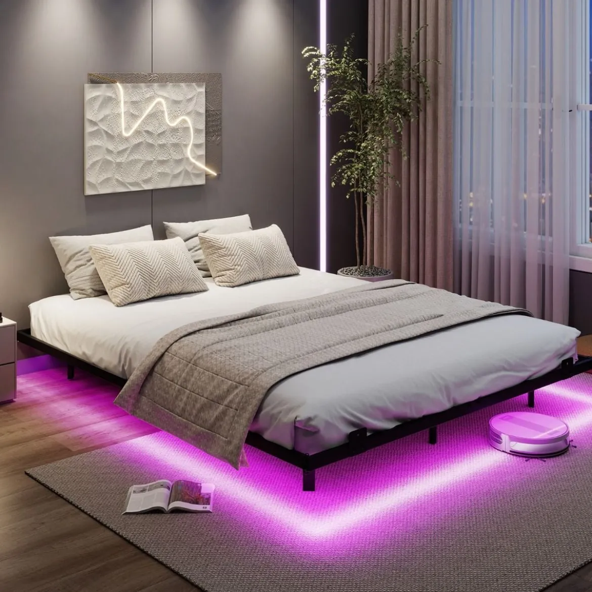Queen Size Schwebebettgestell mit LED-Leuchten modernes Bettgestell aus Metall 160 x 200 cm
