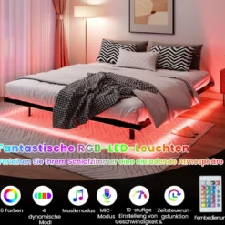 Queen Size Schwebebettgestell mit LED-Leuchten modernes Bettgestell aus Metall 160 x 200 cm