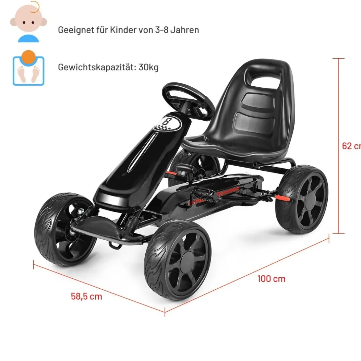 Racing Gokart Racing Pedal Gokart Go Cart Kinderfahrzeug für Kinder 100 x 58,5 x 62 cm Schwarz