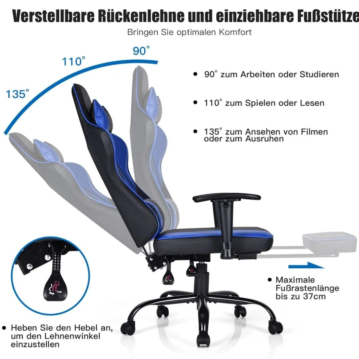 Racing Style Gaming Stuhl höhenverstellbarer Drehstuhl mit einziehbarer Fußstütze Schwarz + Blau