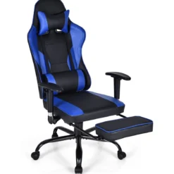 Racing Style Gaming Stuhl höhenverstellbarer Drehstuhl mit einziehbarer Fußstütze Schwarz + Blau