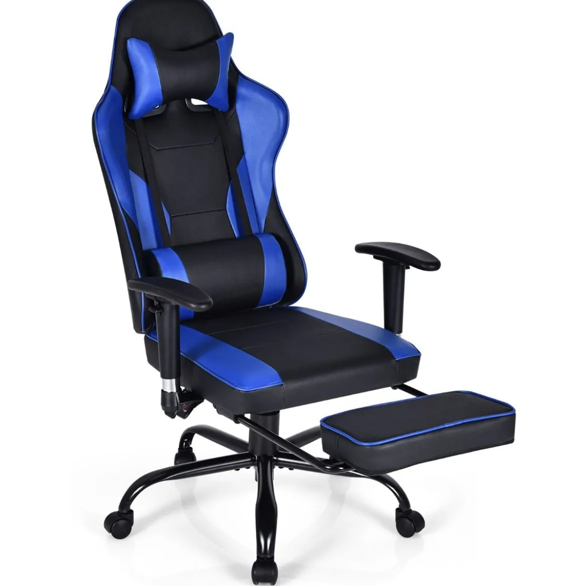 Racing Style Gaming Stuhl höhenverstellbarer Drehstuhl mit einziehbarer Fußstütze Schwarz + Blau