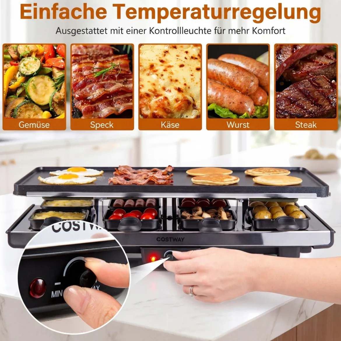 Raclette für 8 Personen Elektrischer Grill mit 2-in-1 Wendbarer Antihaft-Grillplatte 1400W