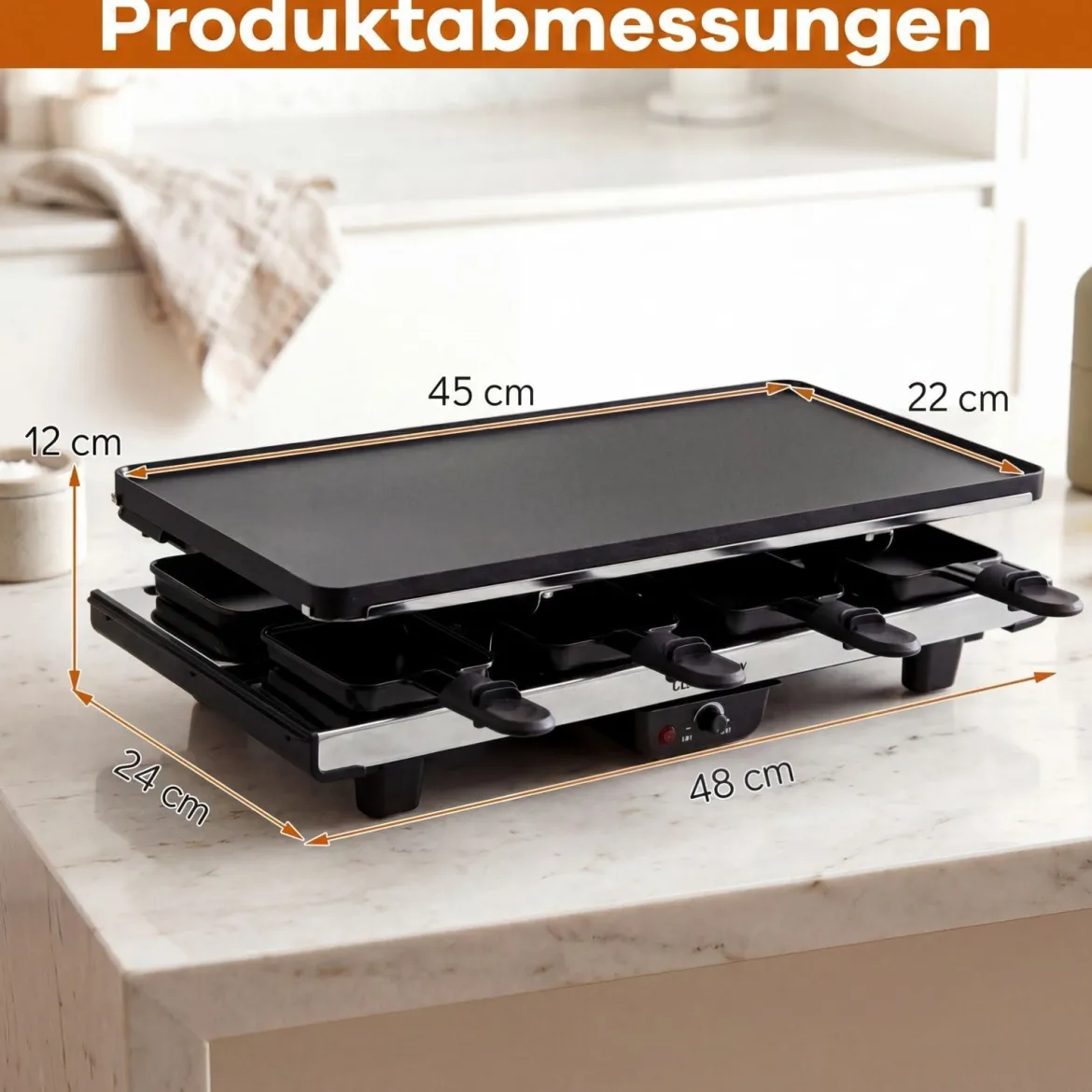Raclette für 8 Personen Elektrischer Grill mit 2-in-1 Wendbarer Antihaft-Grillplatte 1400W