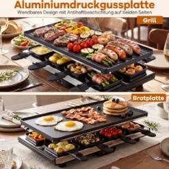 Raclette für 8 Personen Elektrischer Grill mit 2-in-1 Wendbarer Antihaft-Grillplatte 1400W