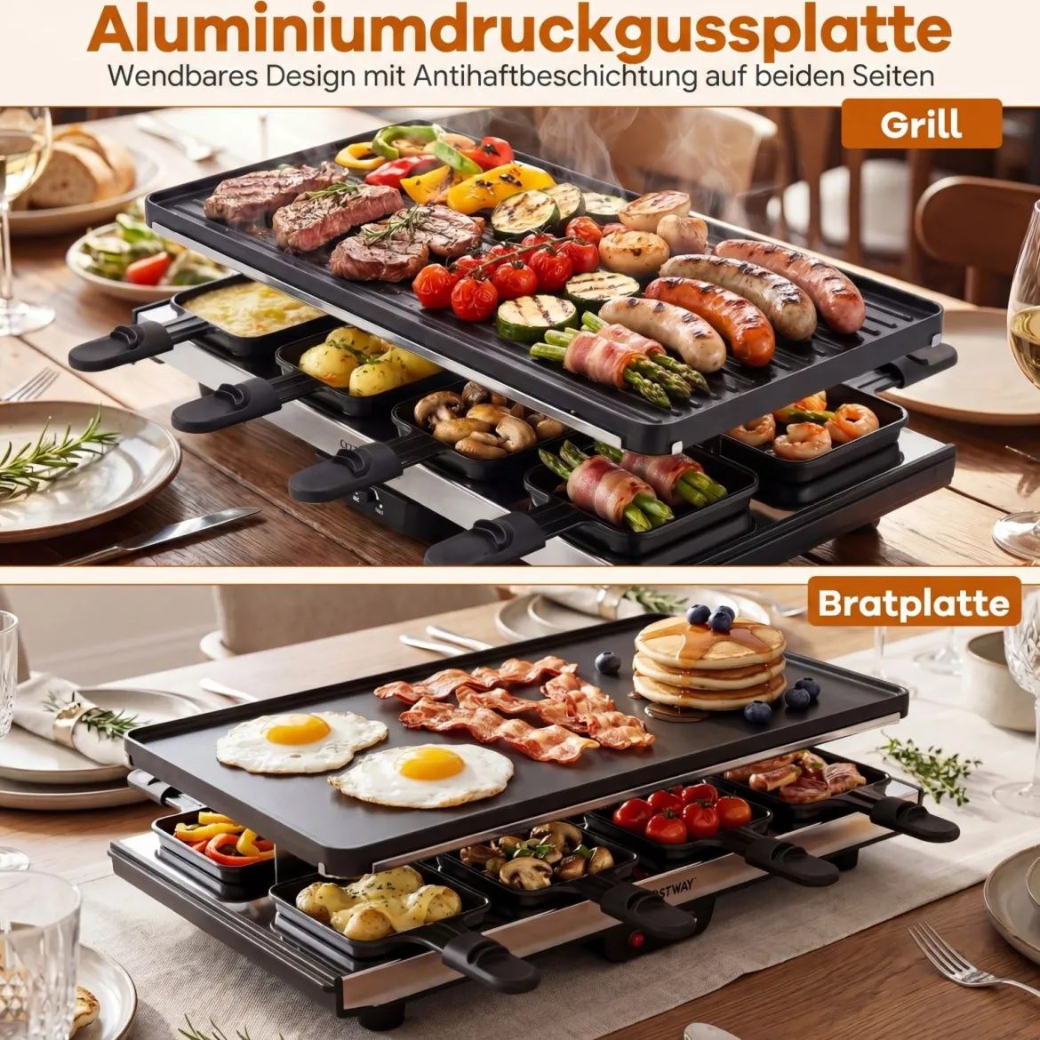 Raclette für 8 Personen Elektrischer Grill mit 2-in-1 Wendbarer Antihaft-Grillplatte 1400W