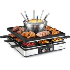 Raclette Grill mit Fondue 2200 W Elektrogrill für 8 Personnen mit Antihafter Grillplatte & 8 Pfannen