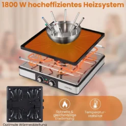 Raclette Grill mit Fondue 2200 W Elektrogrill für 8 Personnen mit Antihafter Grillplatte & 8 Pfannen