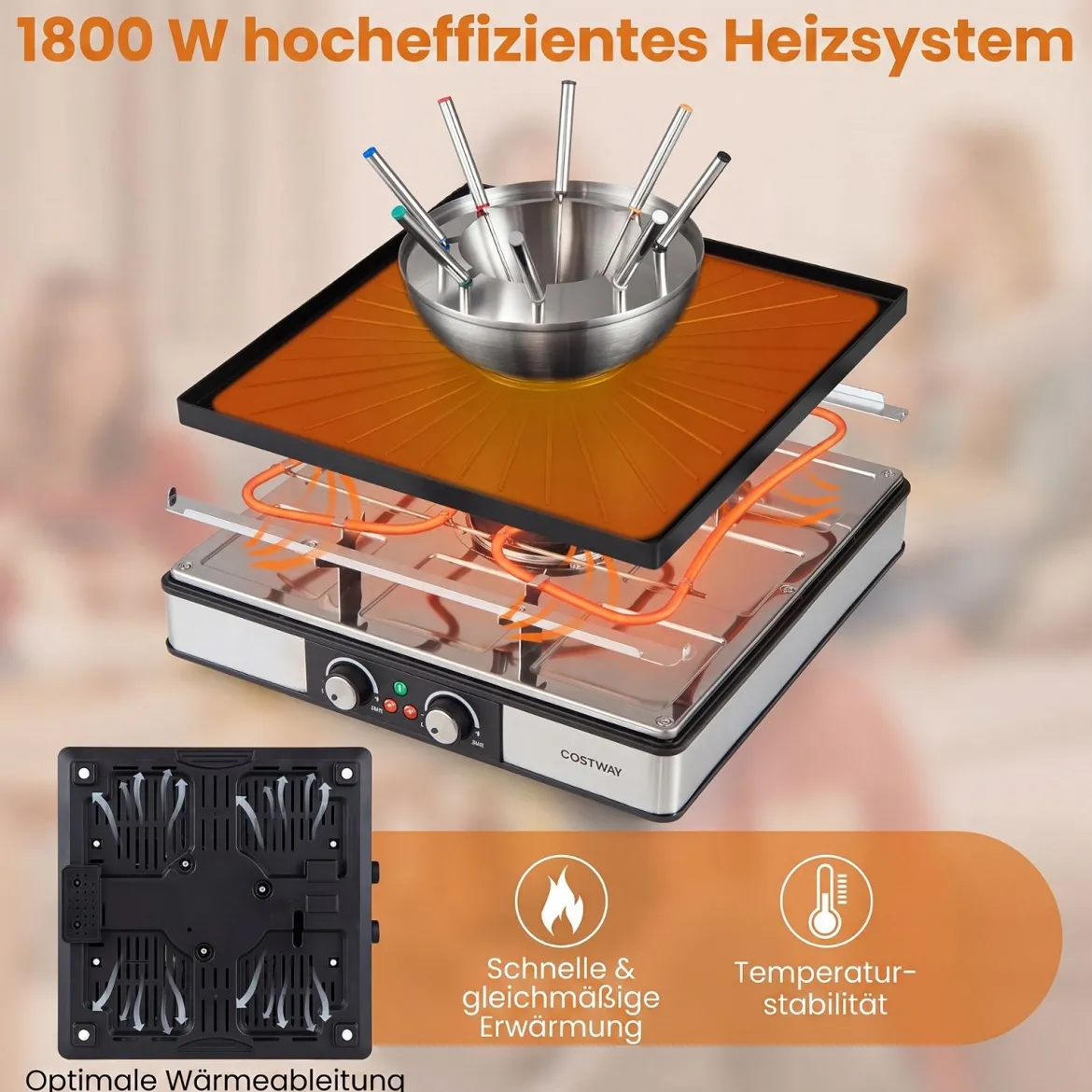 Raclette Grill mit Fondue 2200 W Elektrogrill für 8 Personnen mit Antihafter Grillplatte & 8 Pfannen