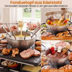 Raclette Grill mit Fondue 2200 W Elektrogrill für 8 Personnen mit Antihafter Grillplatte & 8 Pfannen
