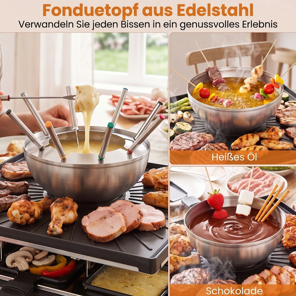 Raclette Grill mit Fondue 2200 W Elektrogrill für 8 Personnen mit Antihafter Grillplatte & 8 Pfannen
