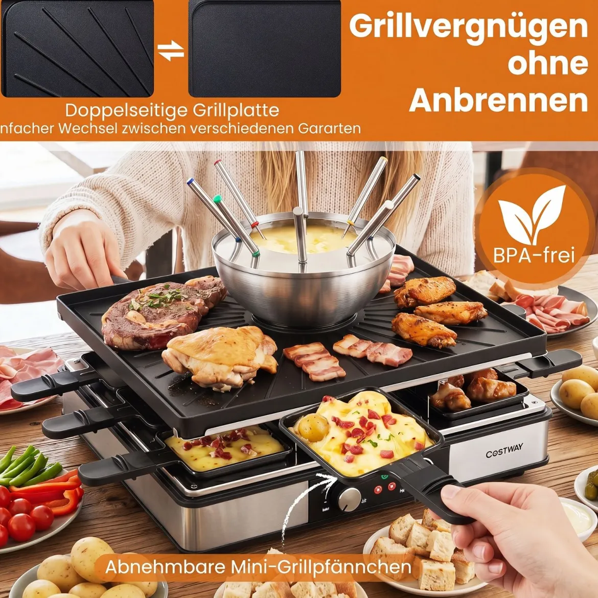Raclette Grill mit Fondue 2200 W Elektrogrill für 8 Personnen mit Antihafter Grillplatte & 8 Pfannen