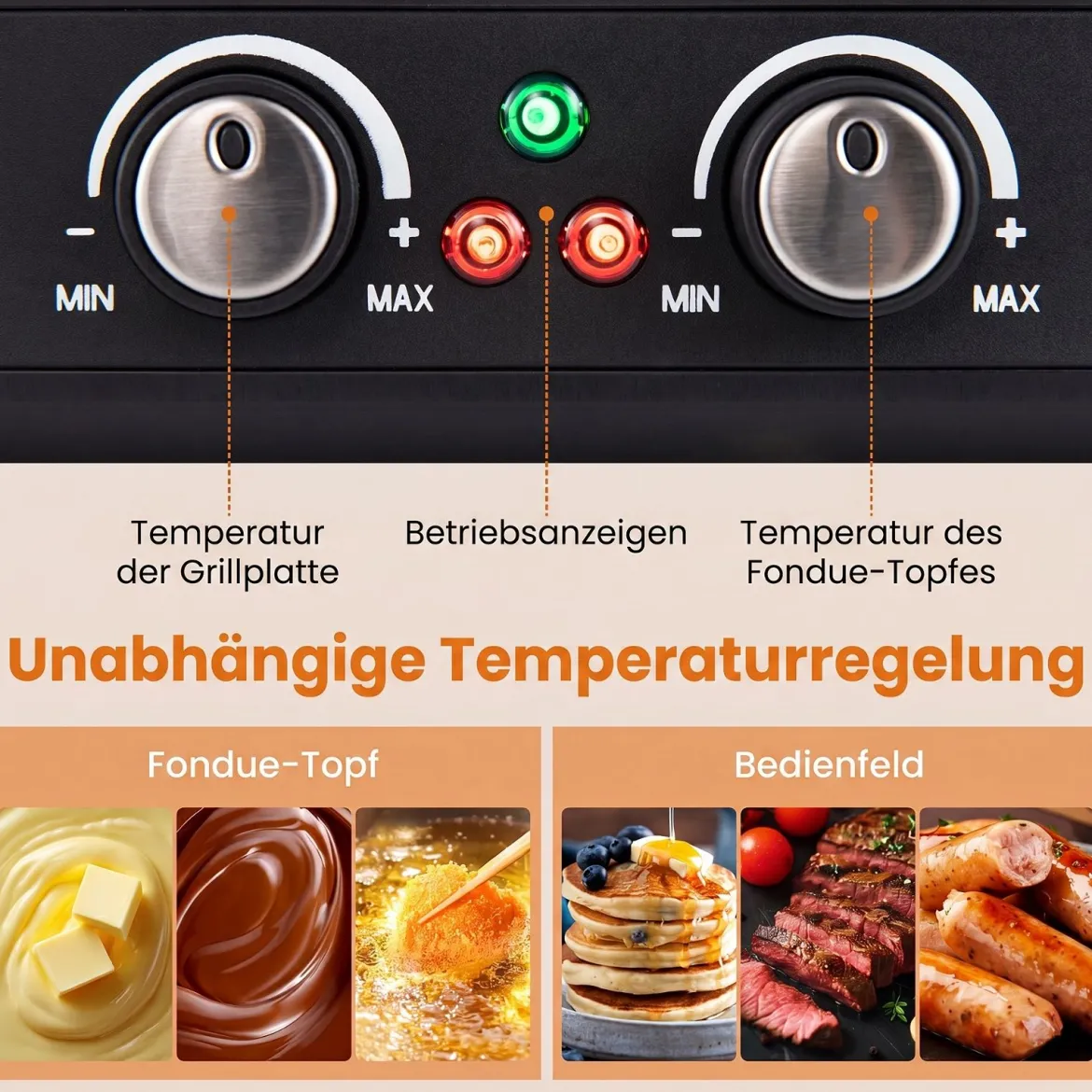 Raclette Grill mit Fondue 2200 W Elektrogrill für 8 Personnen mit Antihafter Grillplatte & 8 Pfannen