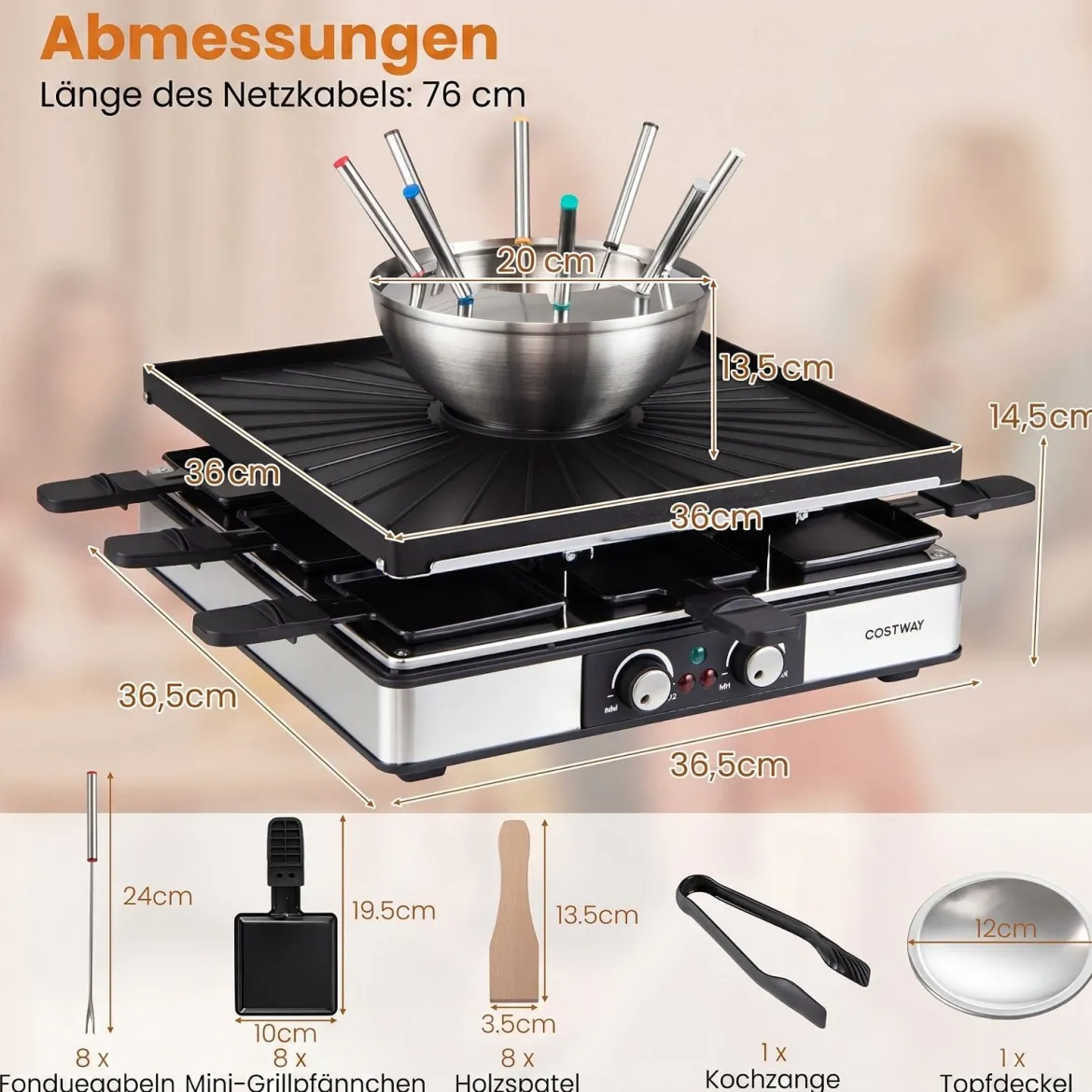 Raclette Grill mit Fondue 2200 W Elektrogrill für 8 Personnen mit Antihafter Grillplatte & 8 Pfannen
