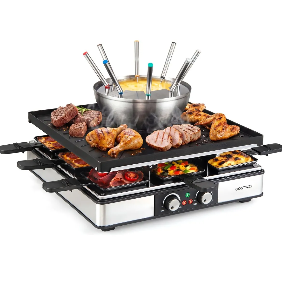 Raclette Grill mit Fondue 2200 W Elektrogrill für 8 Personnen mit Antihafter Grillplatte & 8 Pfannen