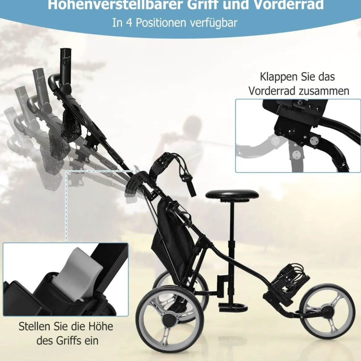 3 Rad Golf Trolley aus Aluminum mit Schirmhalter & Sitz Klappbare Golfwagen Golfcaddy Grau