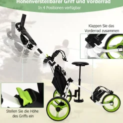 3 Rad Golf Trolley aus Aluminum mit Schirmhalter & Sitz Klappbare Golfwagen Golfcaddy Grün