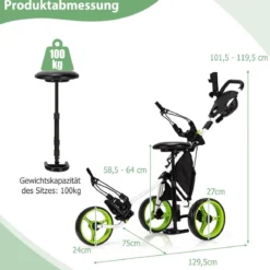 3 Rad Golf Trolley aus Aluminum mit Schirmhalter & Sitz Klappbare Golfwagen Golfcaddy Grün