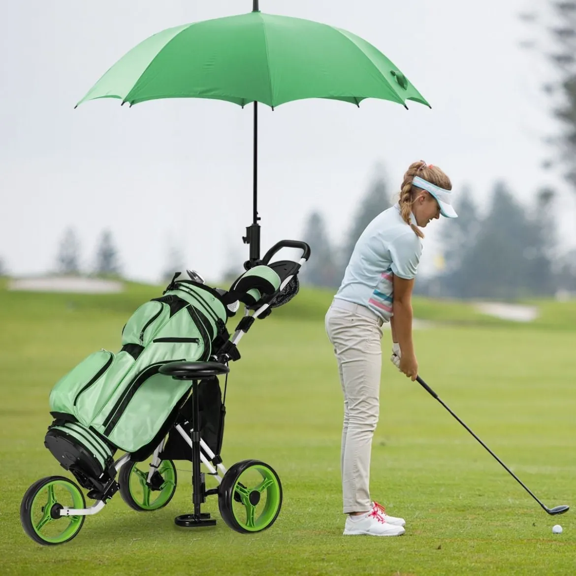 3 Rad Golf Trolley aus Aluminum mit Schirmhalter & Sitz Klappbare Golfwagen Golfcaddy Grün