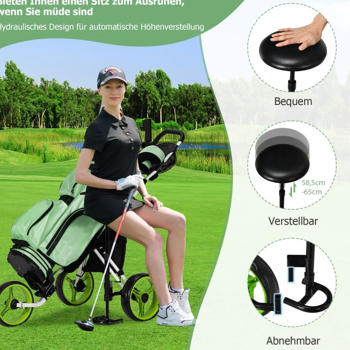 3 Rad Golf Trolley aus Aluminum mit Schirmhalter & Sitz Klappbare Golfwagen Golfcaddy Grün