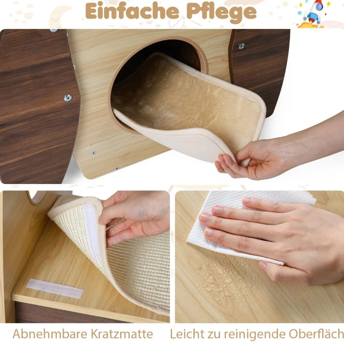 Raketenform Kratzbaum mit 2-stöckigem Katzenhaus & Plattformen & Sisal-Kratzmatte Kletterbaum