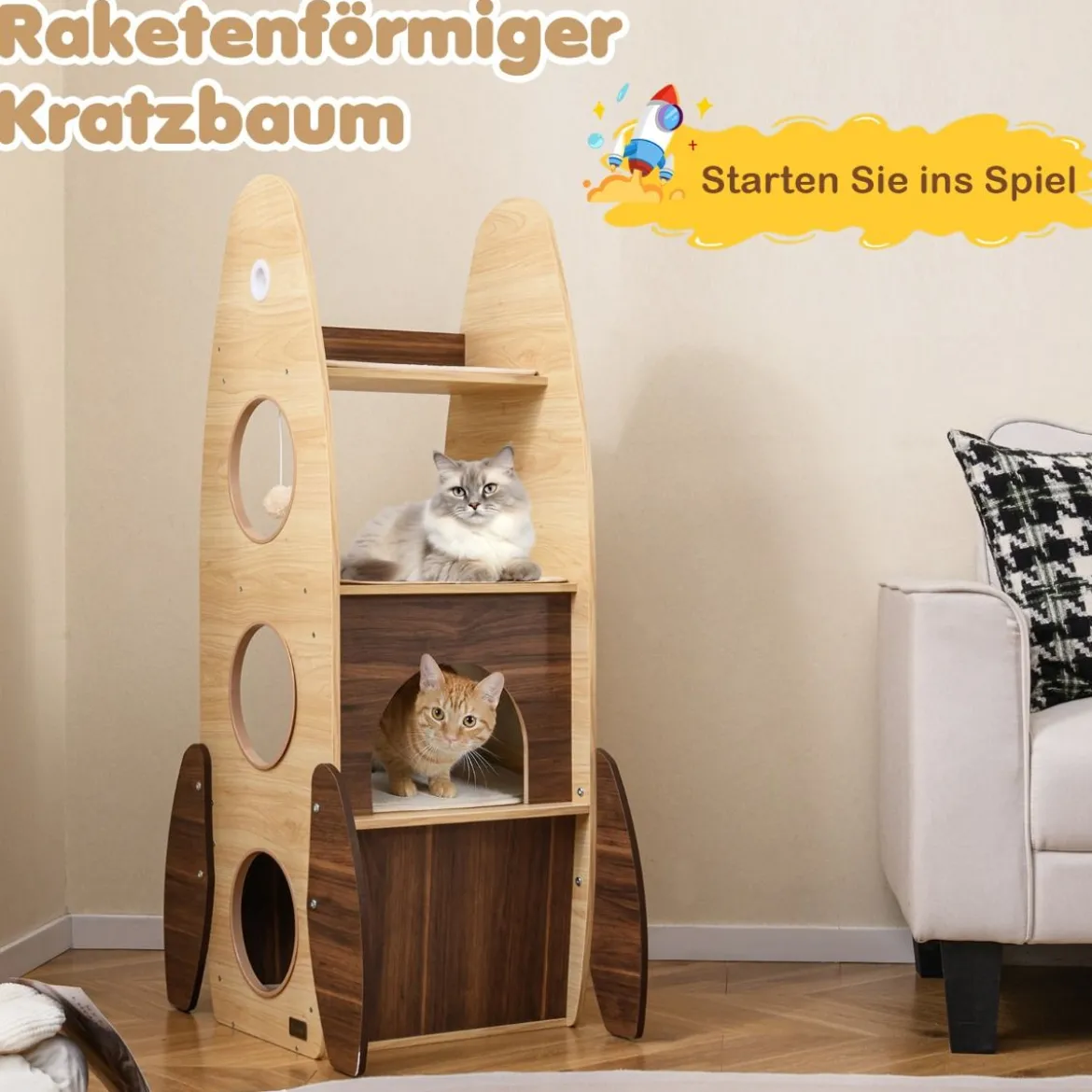 Raketenform Kratzbaum mit 2-stöckigem Katzenhaus & Plattformen & Sisal-Kratzmatte Kletterbaum