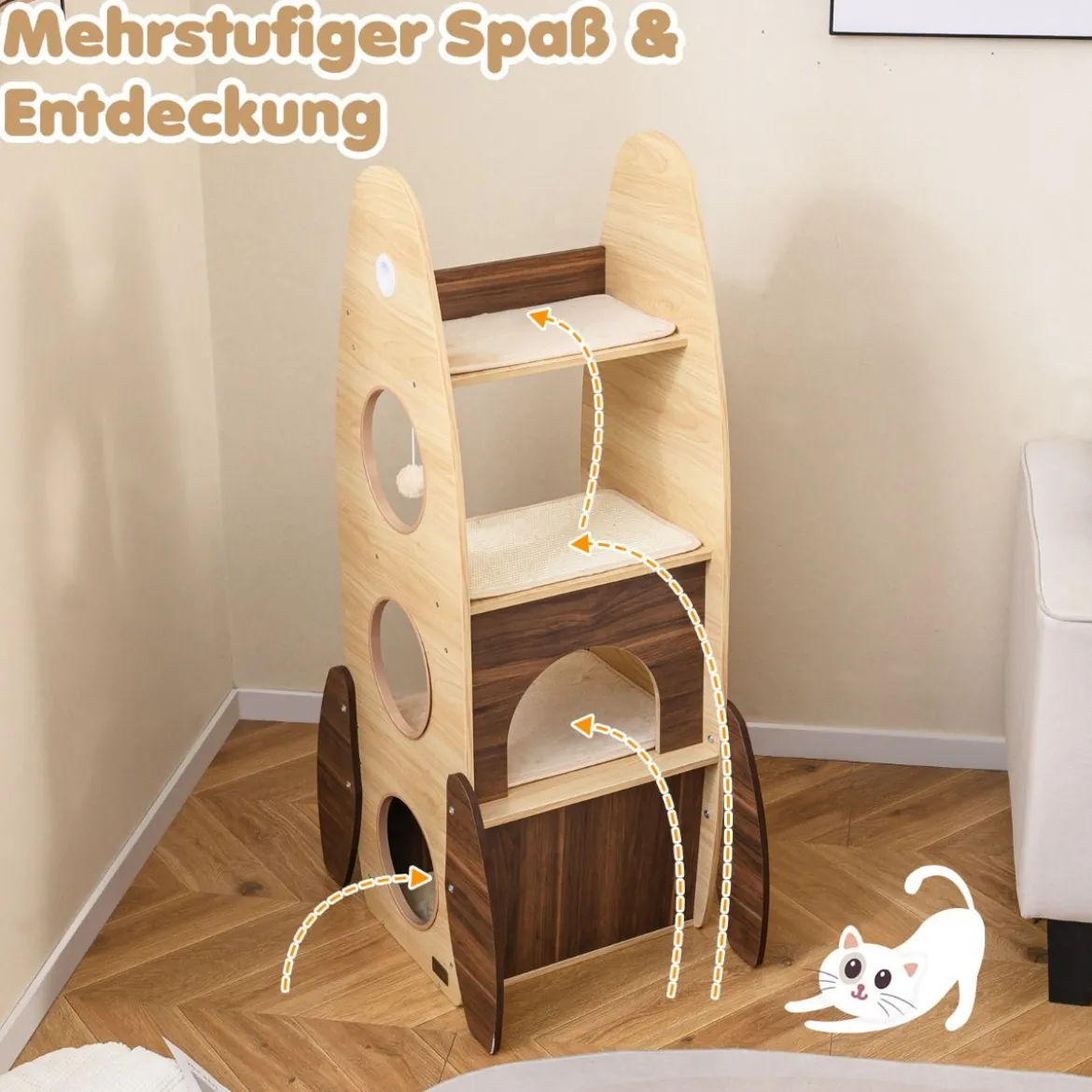Raketenform Kratzbaum mit 2-stöckigem Katzenhaus & Plattformen & Sisal-Kratzmatte Kletterbaum