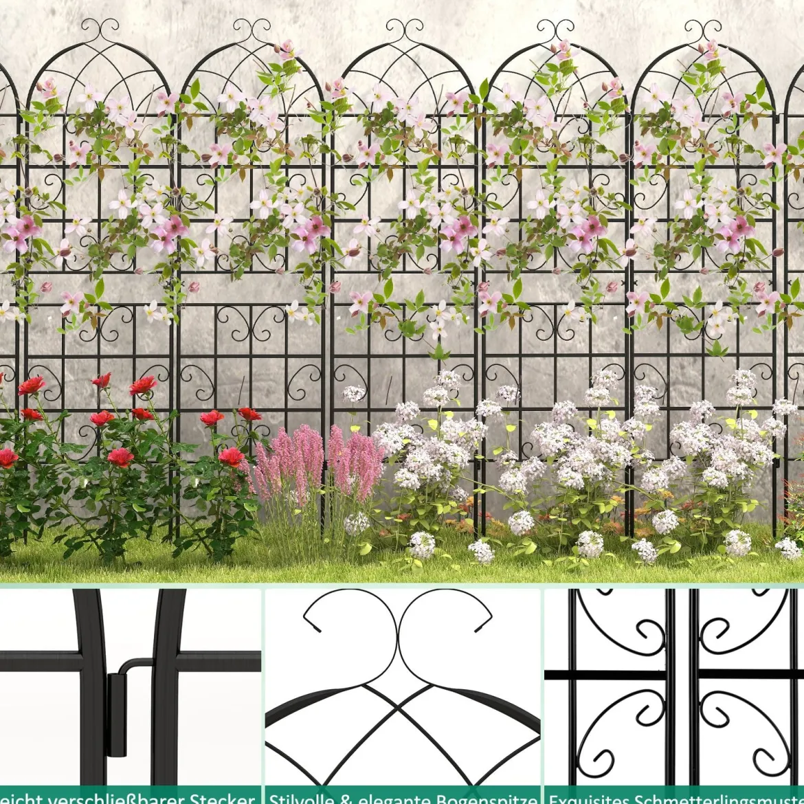 Rankgitter Metall 4er Set dekorativer Gartenzaun freistehende Rankhilfe Spalier Garten zum Stecken Schwarz 180 x 50 cm