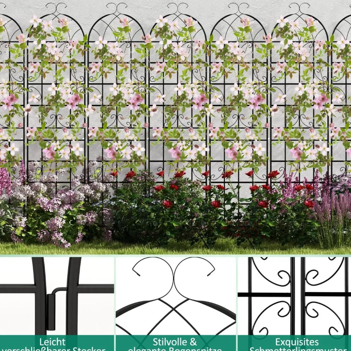Rankgitter Metall 2er Set dekorativer Gartenzaun freistehende Rankhilfe 220 x 50 cm Schwarz
