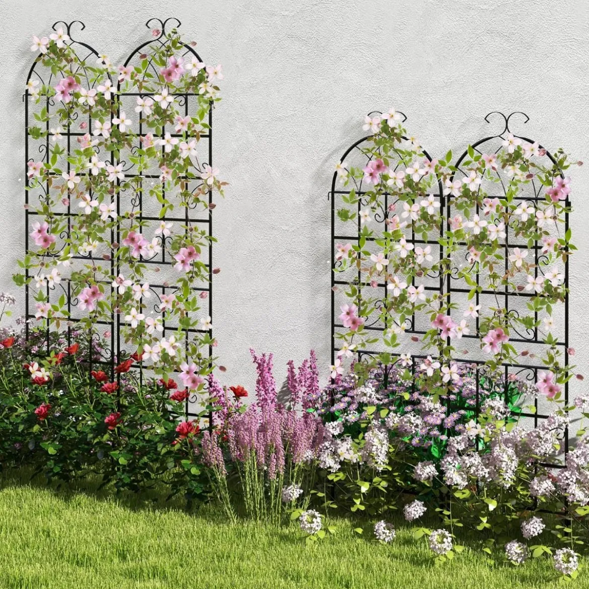 Rankgitter Metall 4er Set dekorativer Gartenzaun freistehende Rankhilfe 180 x 50 cm Schwarz