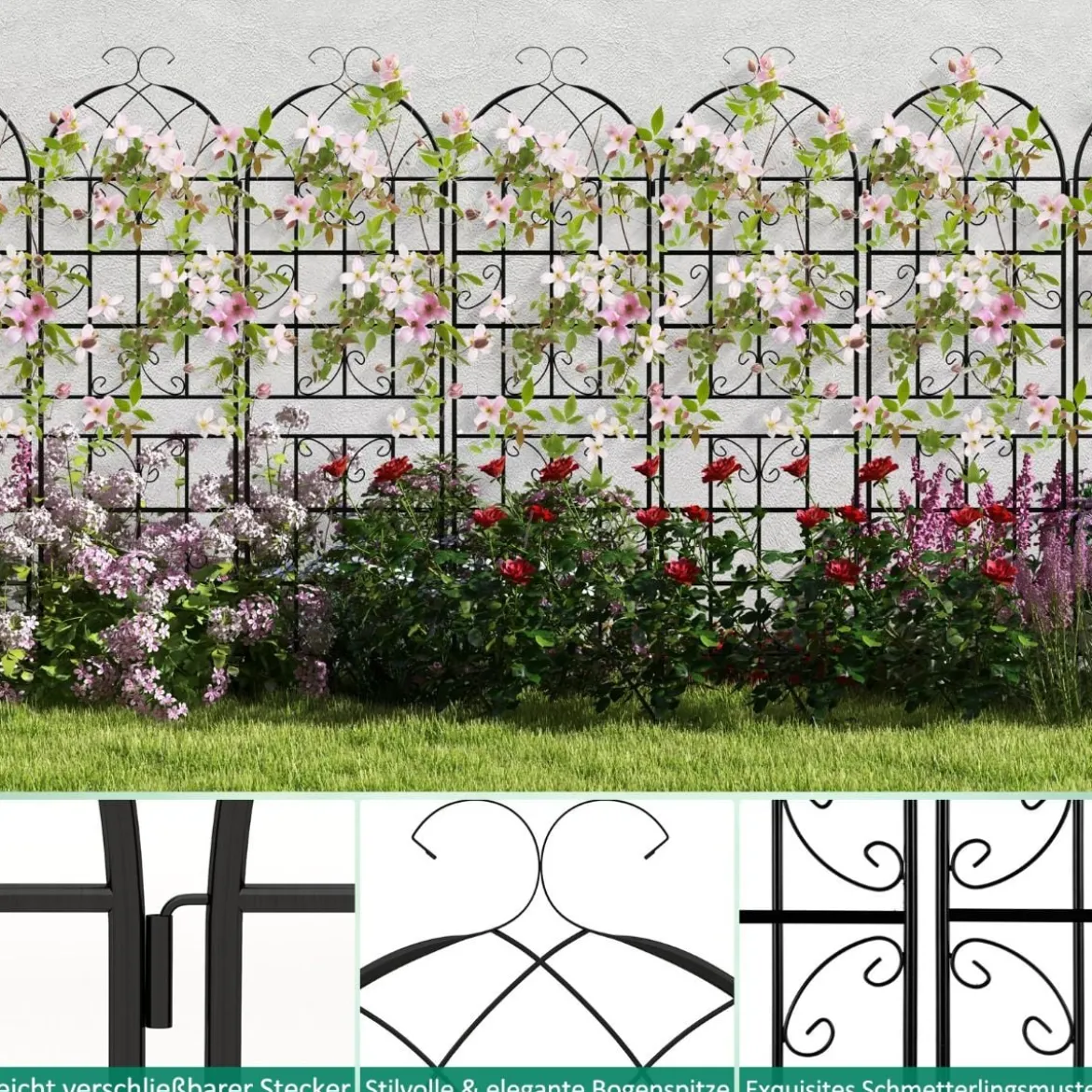 Rankgitter Metall 4er Set dekorativer Gartenzaun freistehende Rankhilfe 180 x 50 cm Schwarz