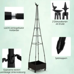 Rankhilfe mit Blumenkasten auf Rollen Garten Obelisk aus beschichtetes Metall & PP 41 x 41 x 206 cm Schwarz