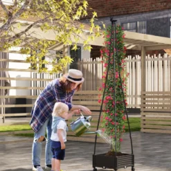 Rankhilfe mit Blumenkasten auf Rollen Garten Obelisk aus beschichtetes Metall & PP 41 x 41 x 206 cm Schwarz