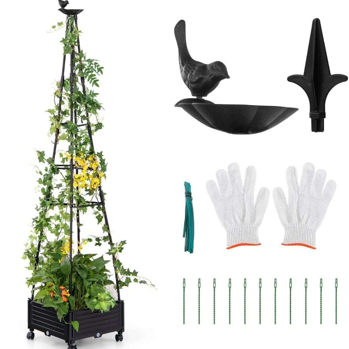 Rankhilfe mit Blumenkasten auf Rollen Garten Obelisk aus beschichtetes Metall & PP 41 x 41 x 206 cm Schwarz